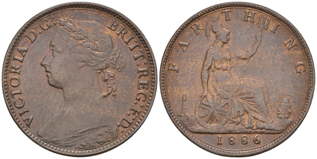 Великобритания 1 фартинг 1886 Виктория (1837-1901) KM 753, Spink 3958 бронза 4584-136