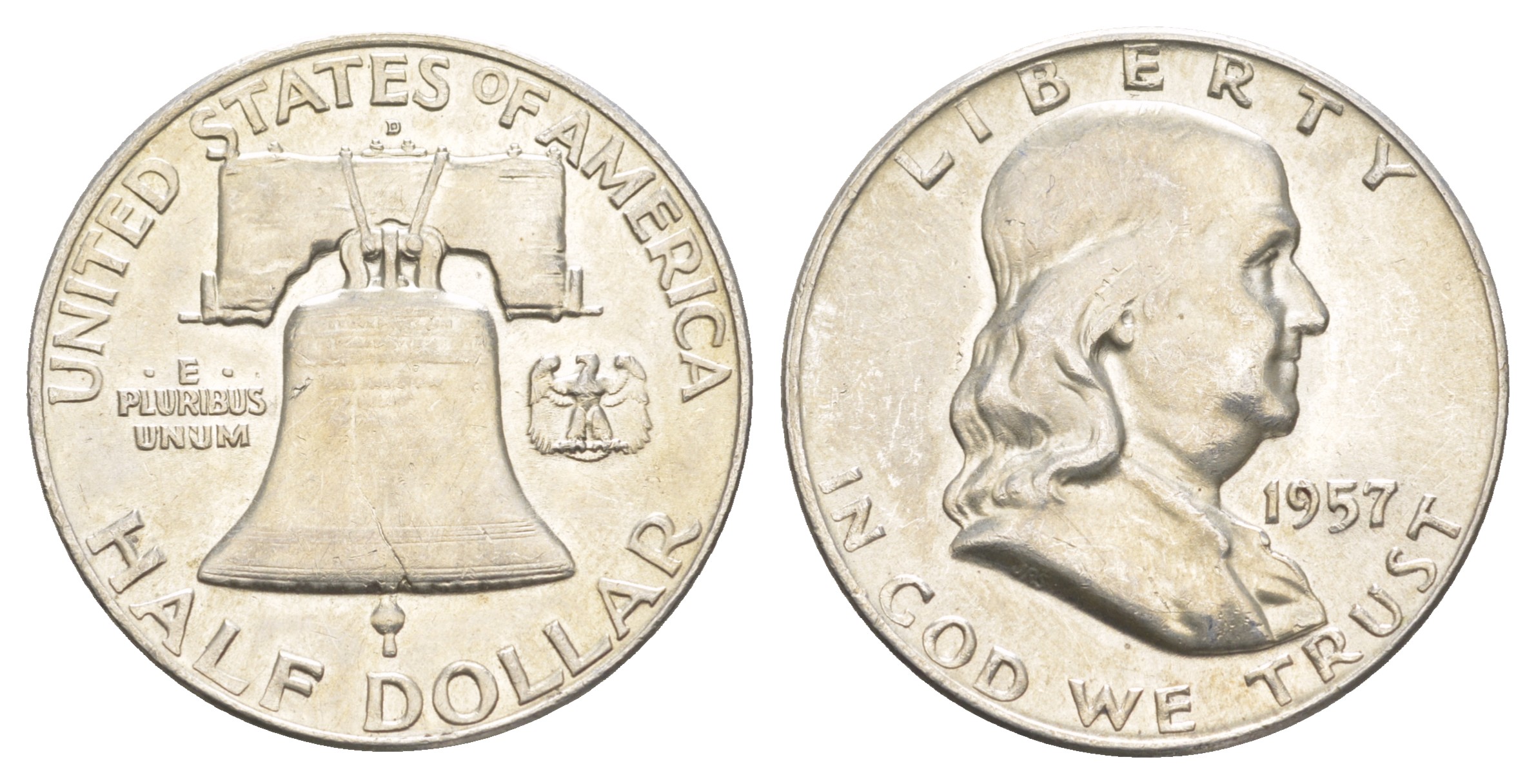 США 1/2 доллара (50 центов) 1957 Бенджамин Франклин, колокол KM 199 серебро  aUNC  4653-113