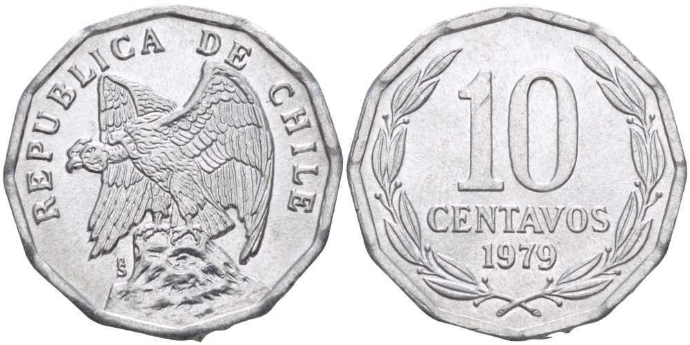 Чили 10 сентаво 1979 KM 205a алюминий 4402-442