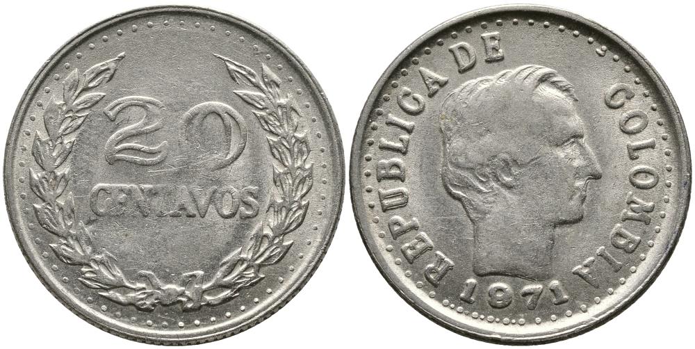 КОЛУМБИЯ 20 СЕНТАВО 1971 ФРАНСИСКО де ПАУЛА САНТАНДЕР KM 245 никелированная сталь 3336-616