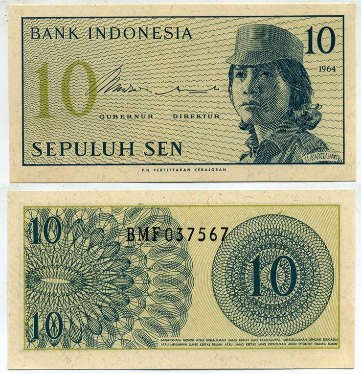 Индонезия 10 сенов 1964 девушка волонтер Pick 92 a бумага UNC (пресс) 7207-28-3