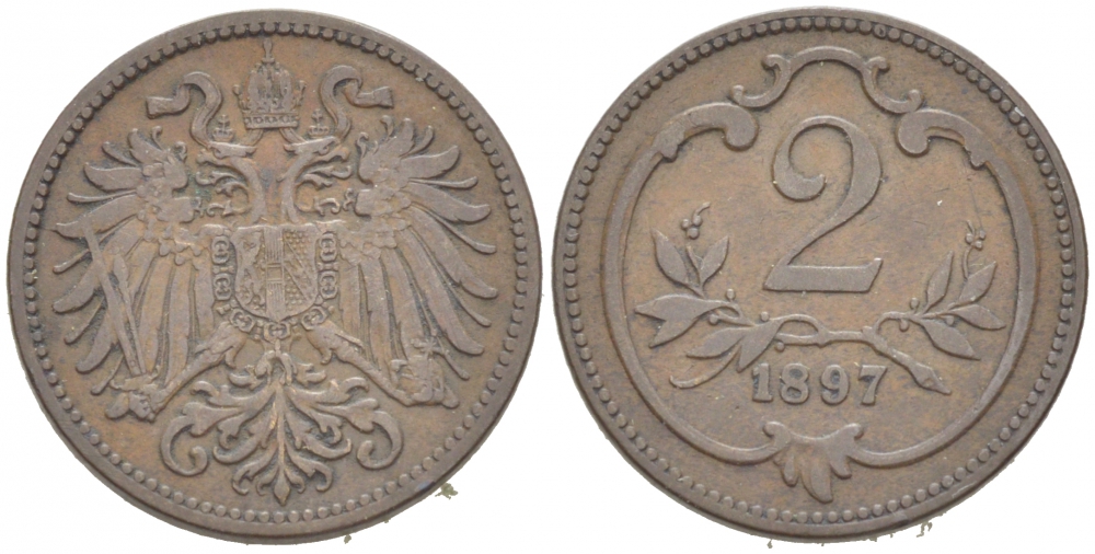 АВСТРИЯ 2 ГЕЛЛЕРА 1897 ФРАНЦ ИОСИФ (1846-1918) KM 2801 бронза 3955-661