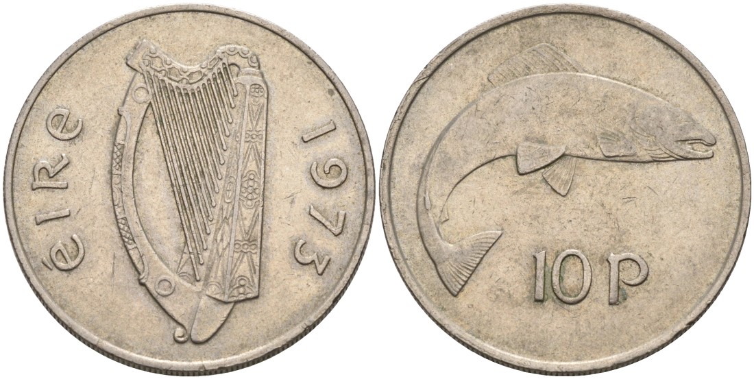 Ирландия 10 пенсов 1973 лосось KM 23 медно-никель 88-732