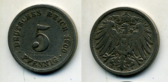 ГЕРМАНИЯ 5 ПФЕННИГОВ 1900 A, KM 11, J. 12 медно-никель 58-1156