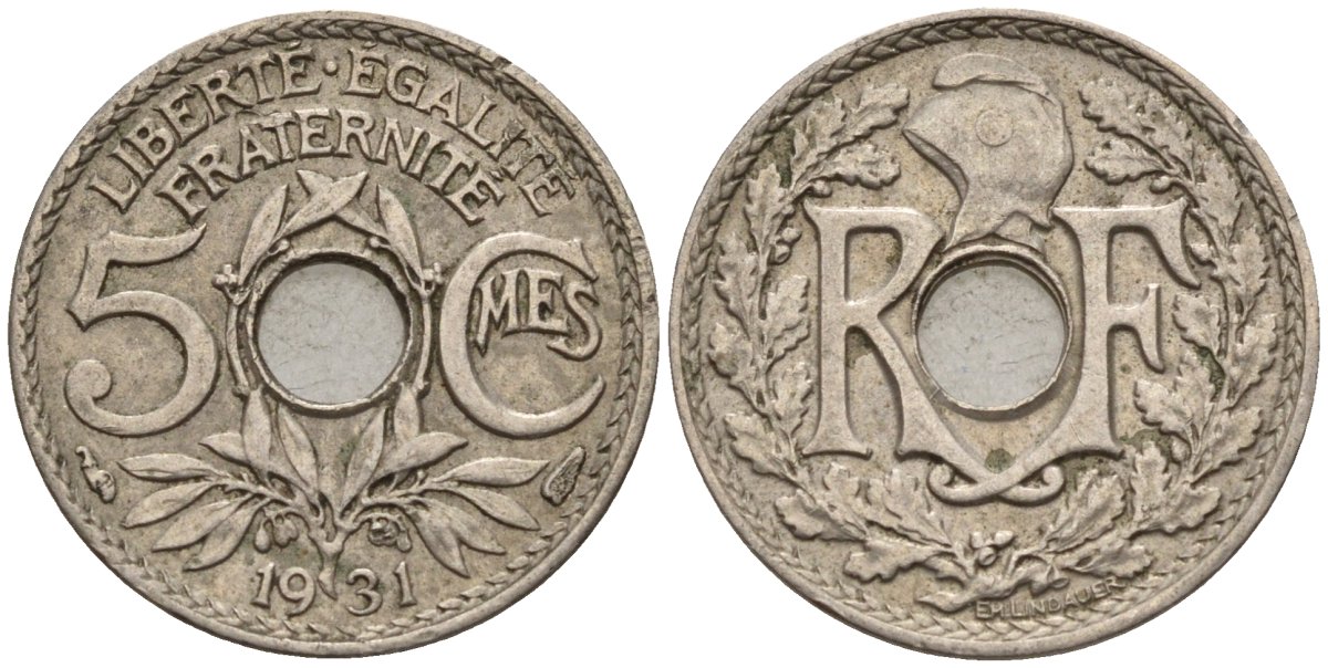 Франция 5 сантимов 1931 тип Линдайё KM 875, Le Franc 122.14 медно-никель 4596-616