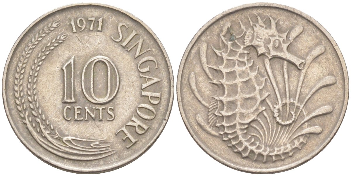 Сингапур 10 центов 1971 морской конек KM 3 медно-никель 187-456