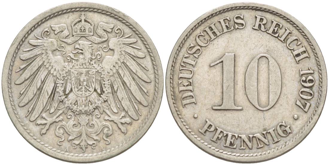 Германия 10 пфеннигов 1907 A KM 12, Jager 13, Weege 8 медно-никель 219-131