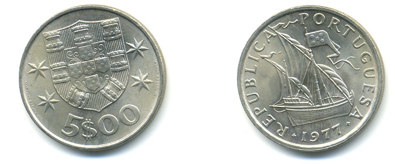 ПОРТУГАЛИЯ 5 ЭСКУДО 1977 ПАРУСНИК KM 591 медно-никель 176-257