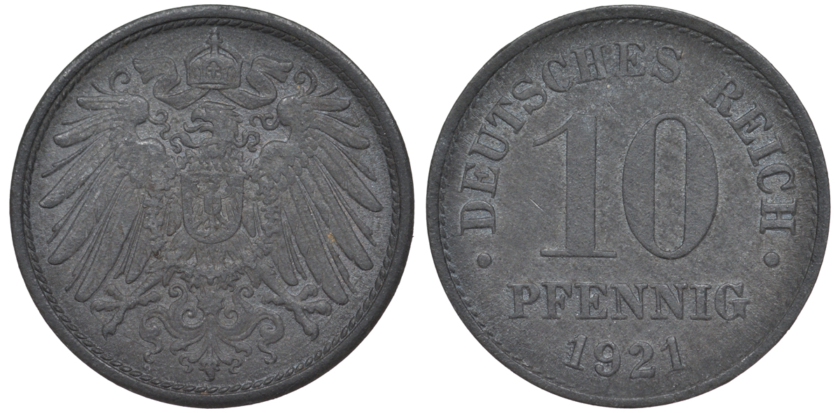 ГЕРМАНИЯ 10 ПФЕННИГОВ 1921 KM 26, J. 299 цинк 45-1228