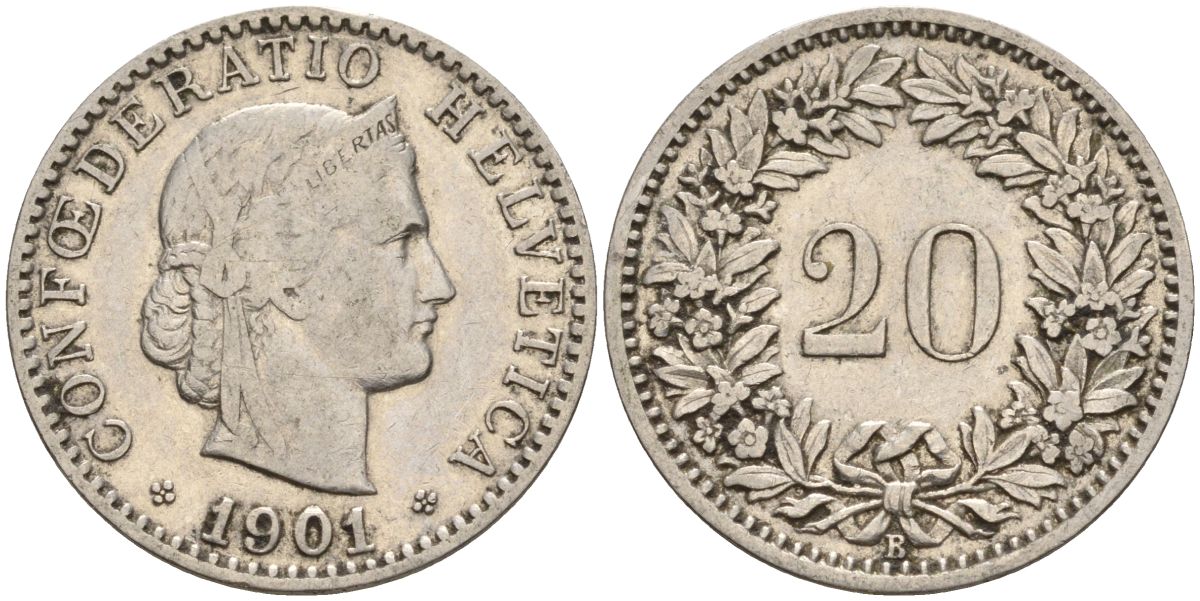 Швейцария 20 раппенов 1901 B KM 29 никель 4606-734