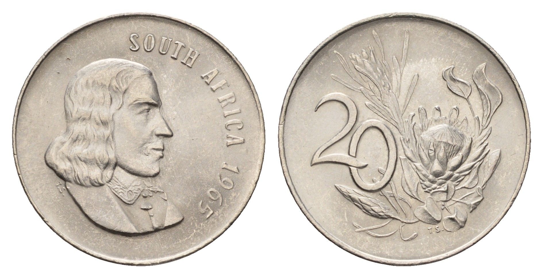 ЮАР 20 центов 1965 Ян ван Рибек (1619-1677), South Africa, легенда на английском, цветок протея KM 69.1 никель UNC 4678-232