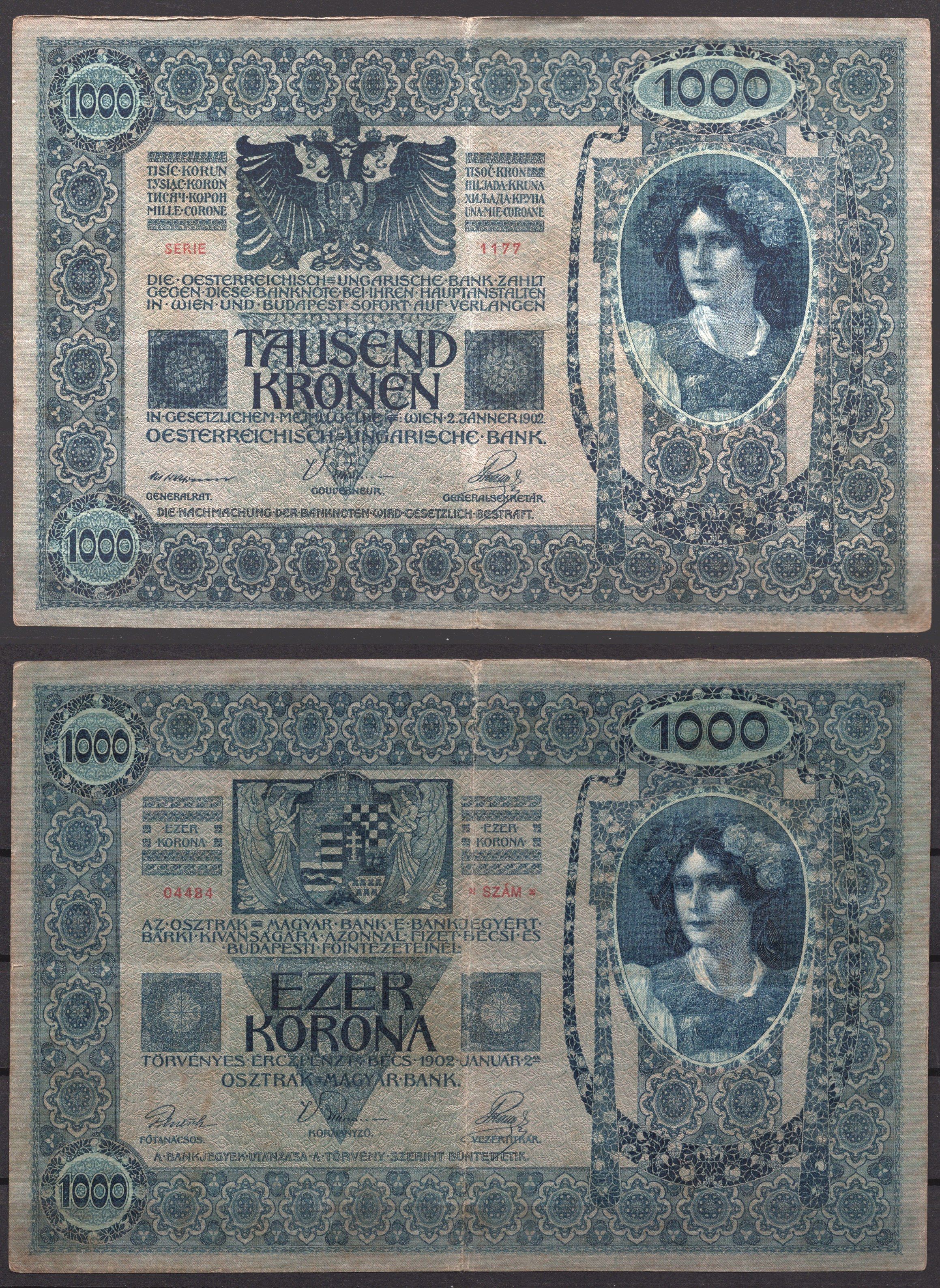 Австрия 1000 крон 1902 Женщина, австрийское знаме, с печатью Pick 8 бумага 7547-96-2-1