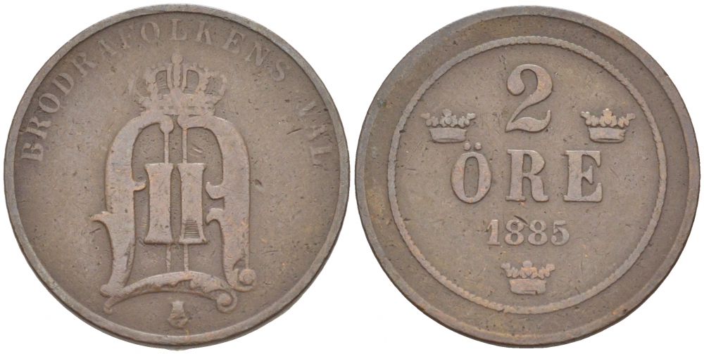Швеция 2 эре 1885 редкая, Оскар II (1872-1907) король Швеции и Норвегии KM 746 (524) бронза 4402-315
