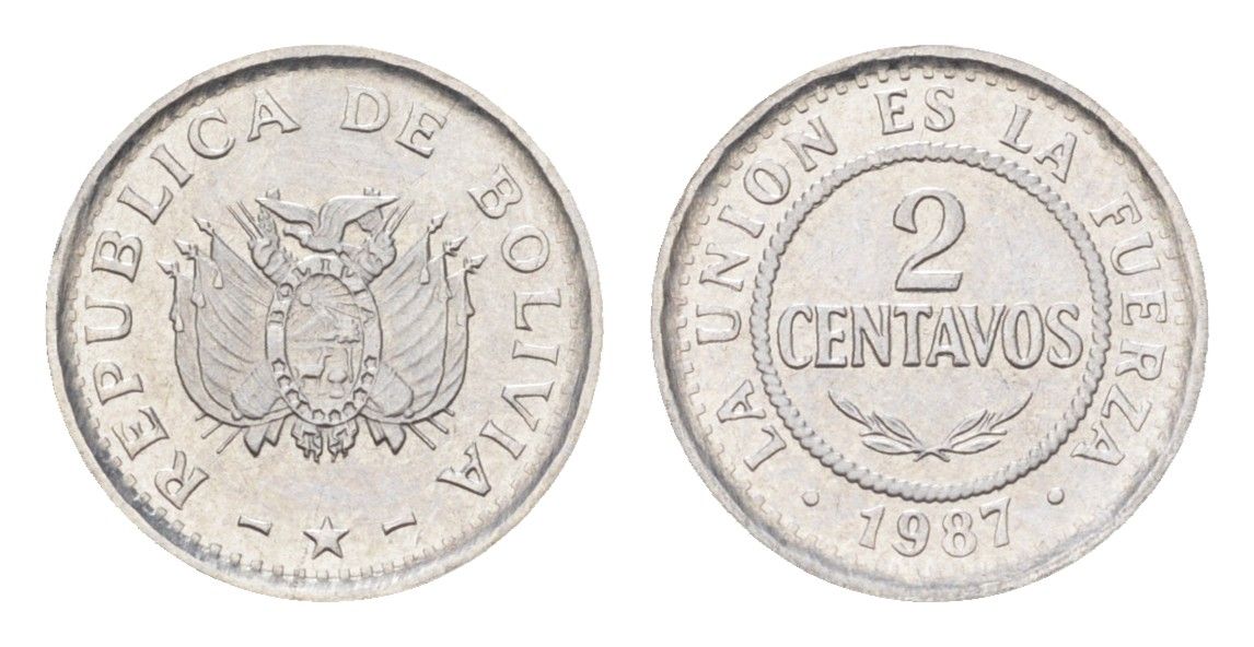 Боливия 2 сентаво 1987 год-тип KM 200 нержавеющая сталь UNC 4659-1247