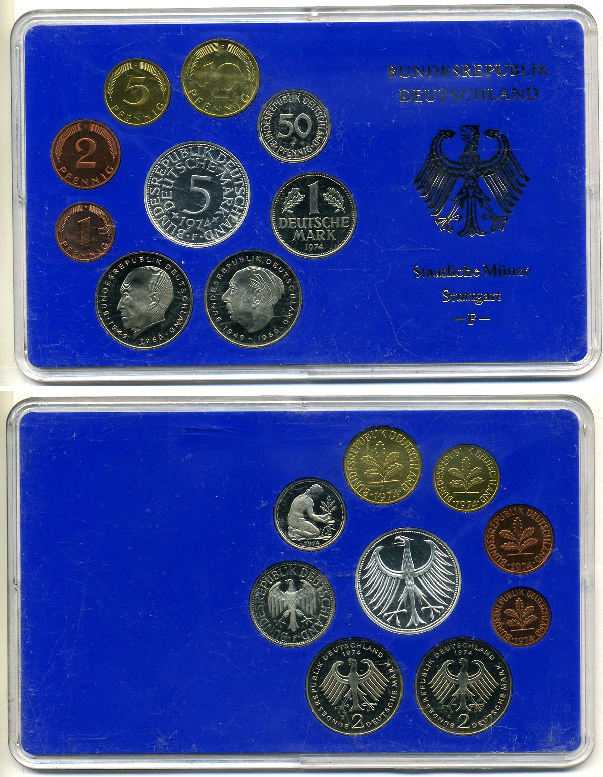 ФРГ набор из 9 монет 1974 F, в оригинальной пластиковой упаковке KM PS 33 PROOF 3-4-8-13