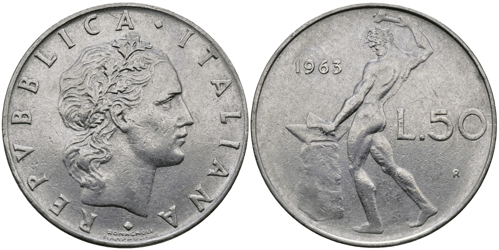 ИТАЛИЯ 50 ЛИР 1963 R, КУЗНЕЦ KM 95.1 нержавеющая сталь 98-156