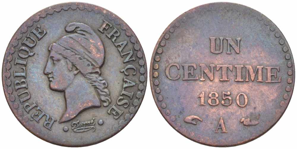 ФРАНЦИЯ 1 САНТИМ 1850 A, ВТОРАЯ РЕСПУБЛИКА (1848-1852) KM 754, LE FRANC 101.5 бронза 105-344