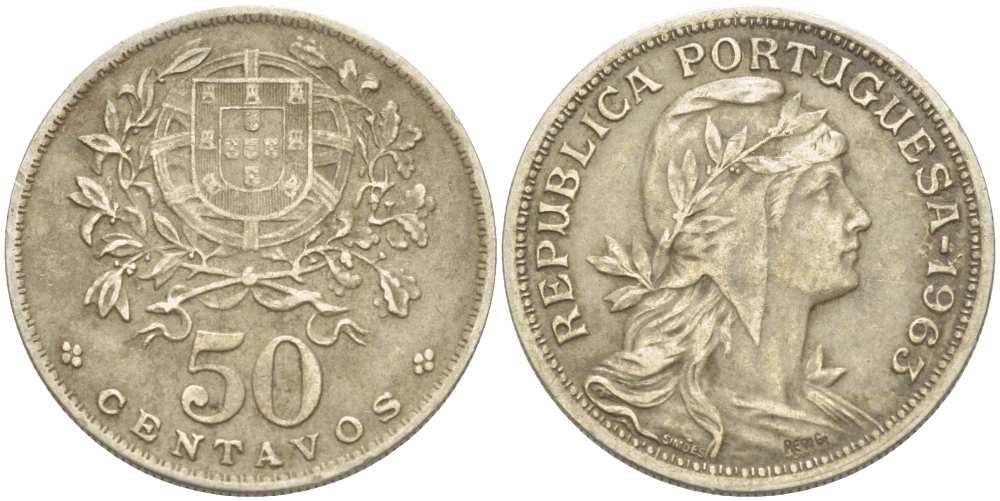 Португалия 50 сентаво 1963 голова Свободы вправо, редкий год KM 577 медно-никель 4513-1217