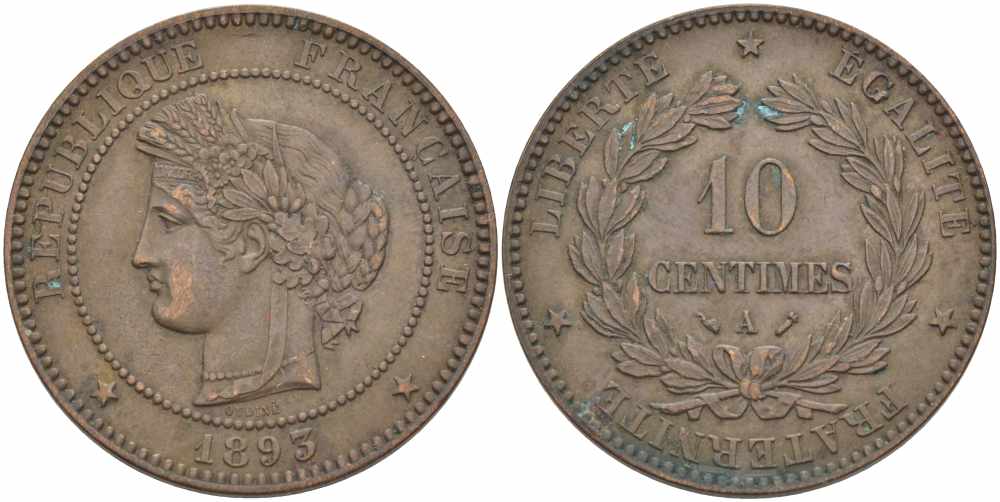 ФРАНЦИЯ 10 САНТИМОВ 1893 A, ТРЕТЬЯ РЕСПУБЛИКА (1871-1940) KM 815.1, LA FRANC 135.38 бронза 82-641