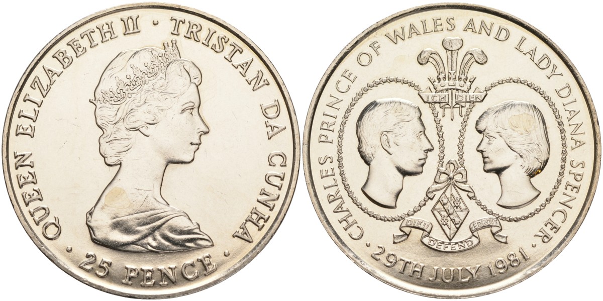 Тристан-да-Кунья 25 пенсов 1981 Королевская Свадьба KM 4 медно-никель UNC 4527-325
