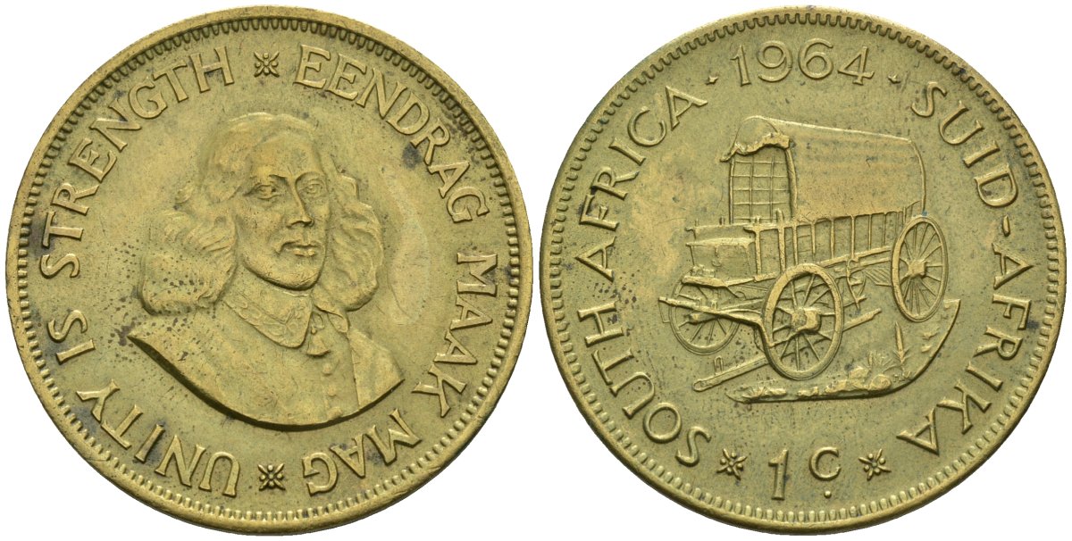 ЮАР 1 цент 1964 повозка, Ян ван Райбек KM 57 латунь 81-524