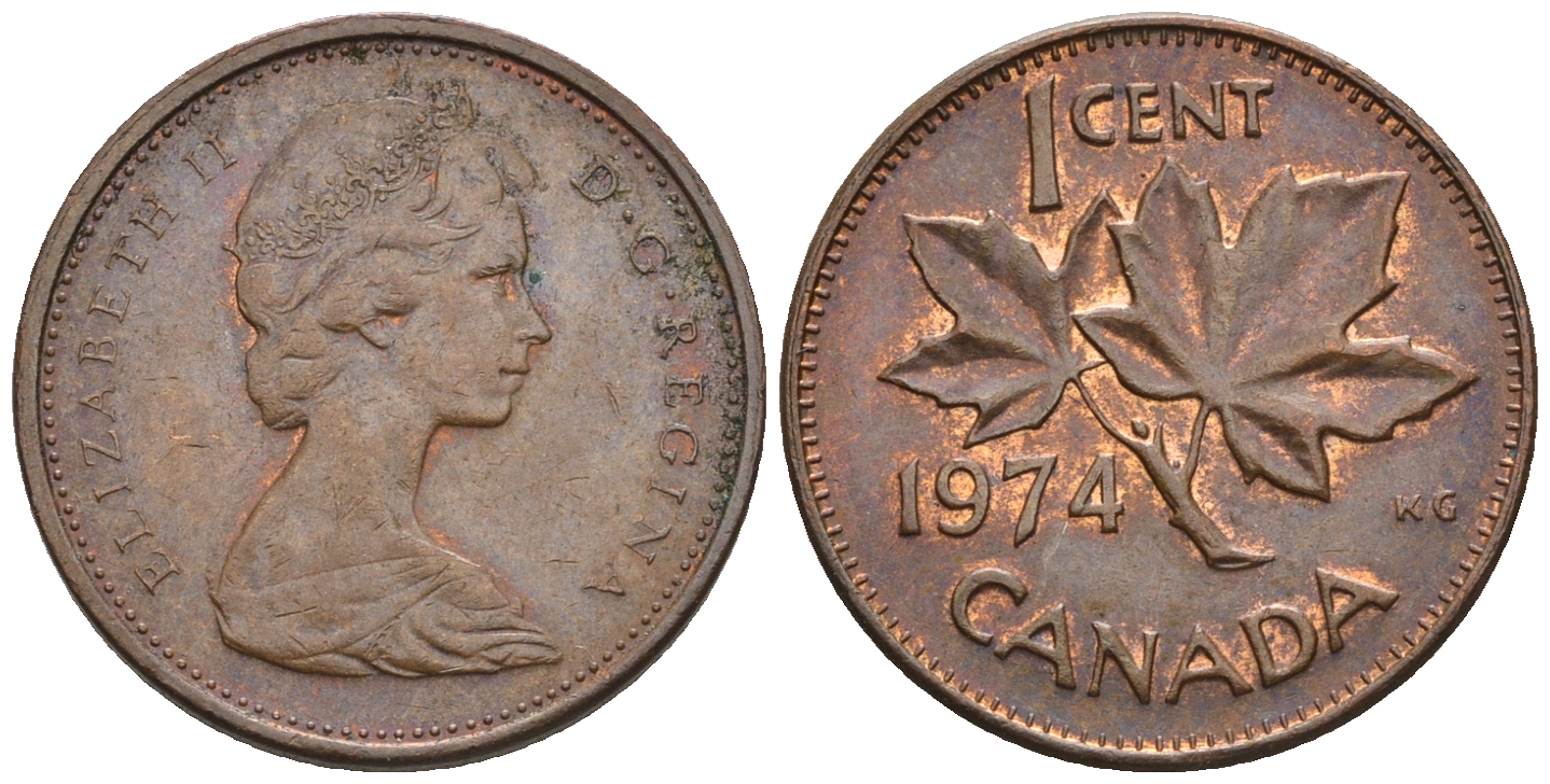 Канада 1 цент 1974 Елизавета II (1952-2022), кленовый лист KM 59.1 бронза 4609-138
