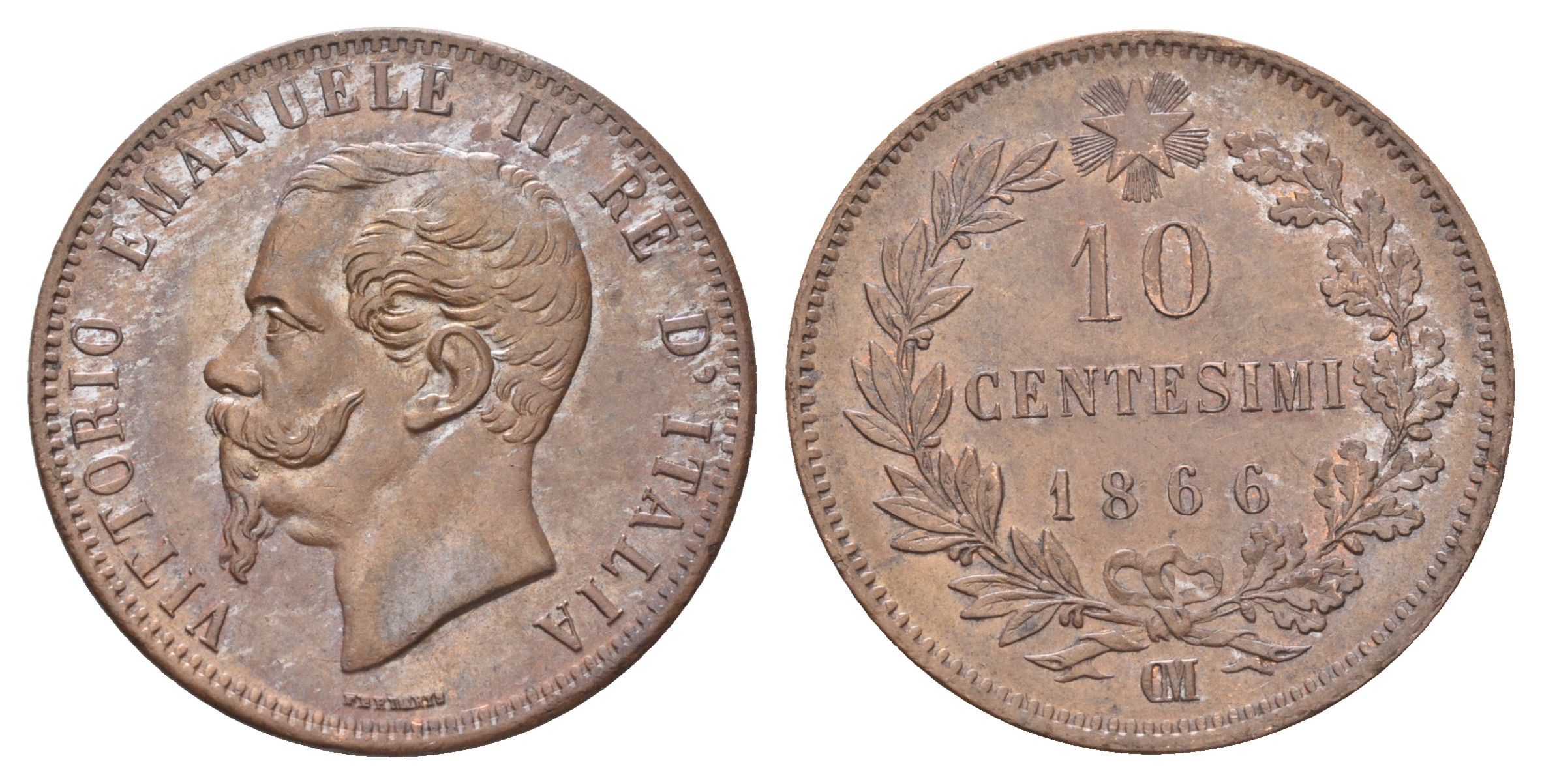 Италия 10 чентезимо 1866 OM, Виктор Эммануил II (1861-1878) KM 11.5 медь aUNC 413-1725