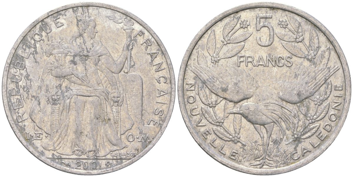 Французская Новая Каледония 5 франков 2001 птица кагу, (IEOM) KM 16, Schoen 12, Lec 81f алюминий 189-614