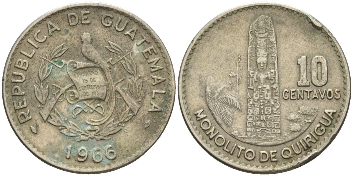Гватемала 10 сентаво 1966 KM 267 медно-никель 4606-253