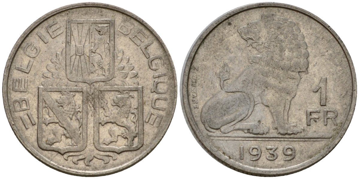 Бельгия 1 франк 1939 Belgie - Belgique KM 120 никель 4603-1254
