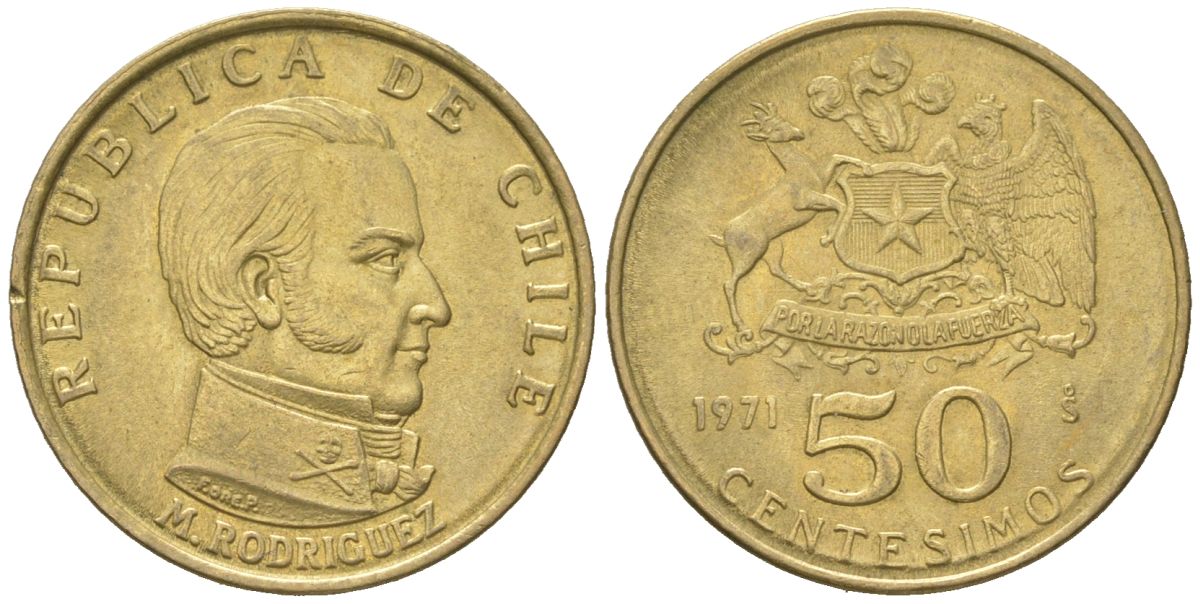 Чили 50 сентесимо 1971 KM 196 алюминиевая бронза aUNC 4596-619