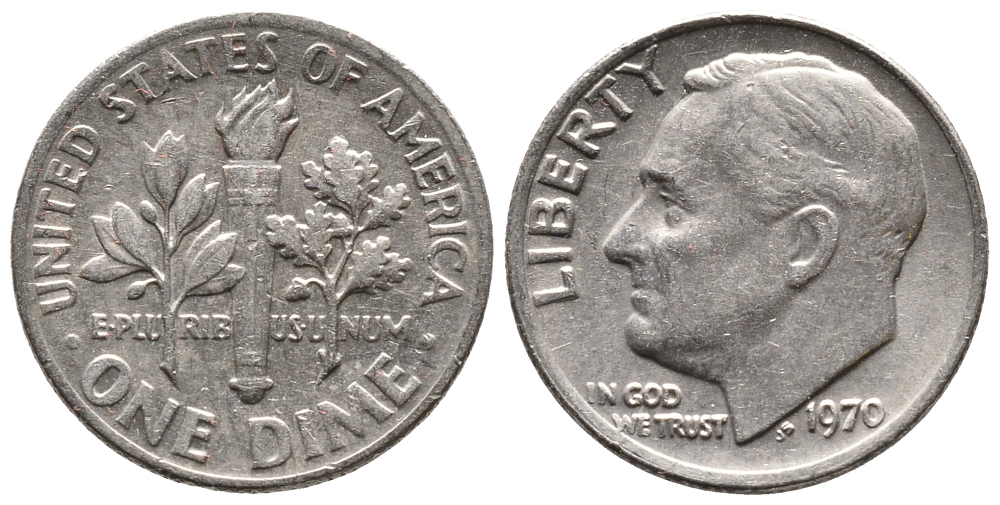 США 10 ЦЕНТОВ = 1 ДАЙМ 1970 РУЗВЕЛЬТ KM 195а медь плакированная медно-никелем 73-219