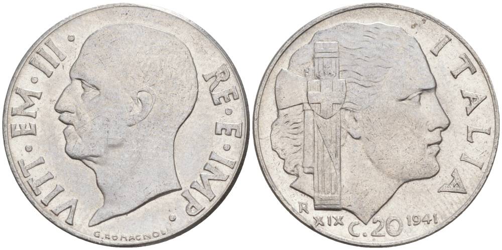 ИТАЛИЯ 20 ЧЕНТЕЗИМО 1941 R, ГОД XIX, ВИКТОР ЭММАНУИЛ III (1900-1946) KM 75b, VEM3. 1028 нержавеющая сталь 3853-836