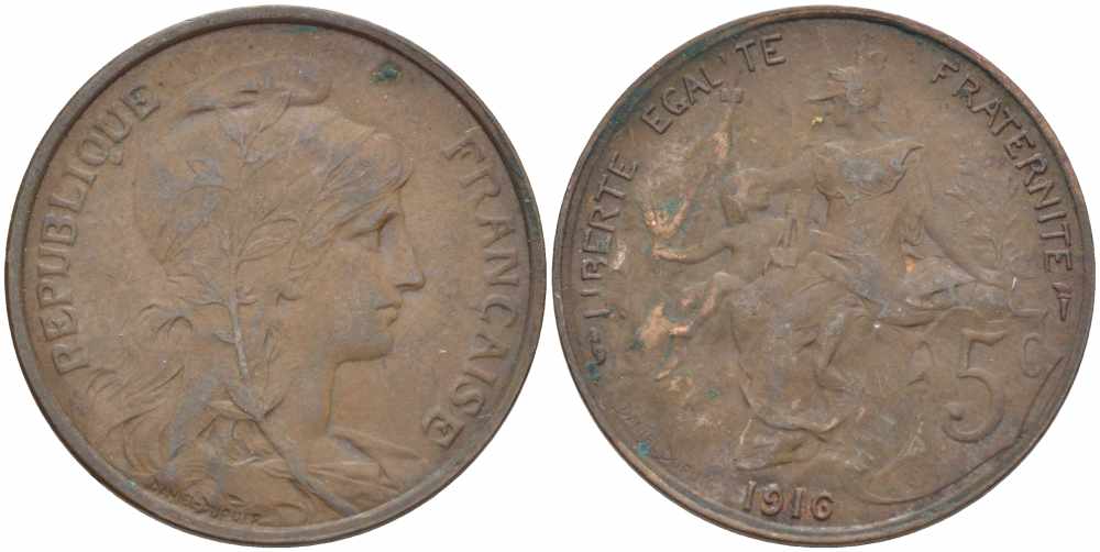 ФРАНЦИЯ 5 САНТИМОВ 1916 ТИП ДАНИЭЛЬ ДЮПЮИ KM 842, LE FRANC 119.28 бронза 108-1012