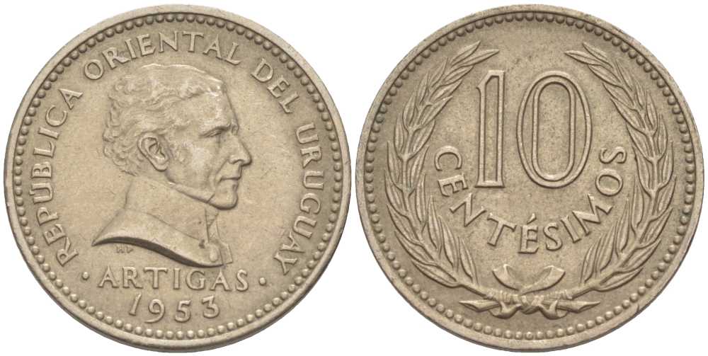 УРУГВАЙ 10 СЕНТЕСИМО 1953 ХОСЕ ХЕРВАСИО АРТИГАС KM 35 медно-никель 57-1335