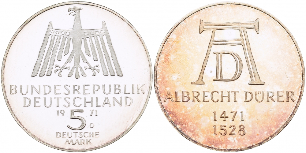 ФРГ 5 марок 1971 D, 500 лет со дня рождения Альбрехта Дюрера KM 129, J. 410 серебро PROOF 1087-2-62