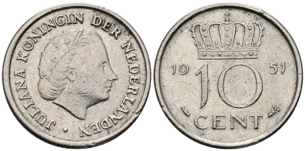 Нидерланды 10 центов 1951 Юлиана (1949-1980) KM 182 никель 96-468