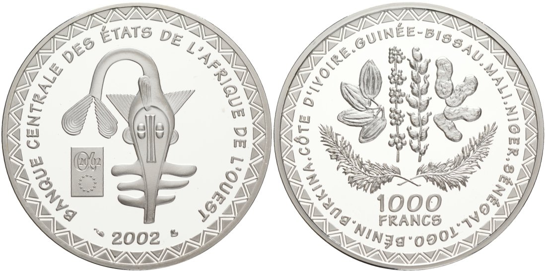 Валютный Союз стран Западной Африки 1000 франков 2002 тираж 500 экземпляров KM 16 серебро PROOF 00-00