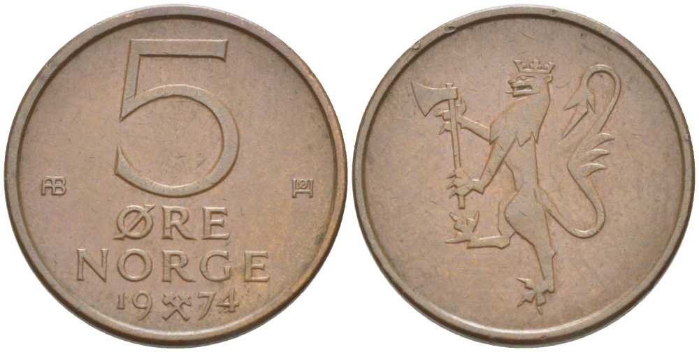 НОРВЕГИЯ 5 ЭРЕ 1974 УЛАФ V (1957-1991) KM 415 бронза 211-1167