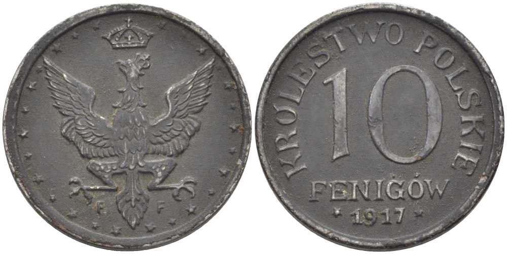 ПОЛЬША 10 ФЕНИГОВ 1917 FF. ГЕРМАНСКАЯ ОККУПАЦИЯ, ПЕРВАЯ МИРОВАЯ ВОЙНА, ЛЕГЕНДА НЕ КАСАЕТСЯ КРАЯ KM 6 железо 5010-1243