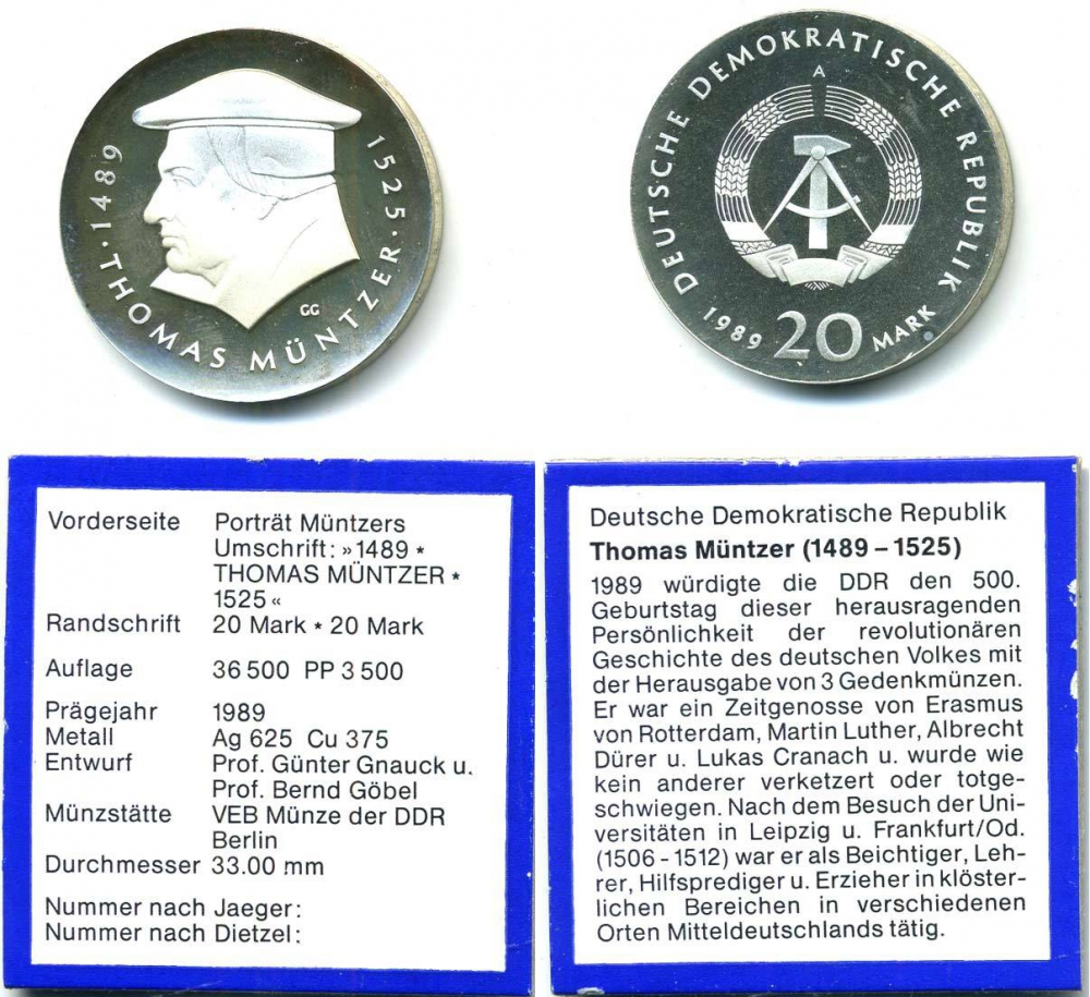 ГДР 20 марок 1989 А, 500 лет со дня рождения Томаса Мюнцера, тираж 3090 экземпляров., с сертификатом KM 127 серебро PROOF 00-802-54