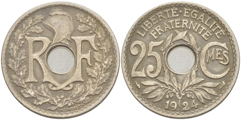 ФРАНЦИЯ 25 САНТИМОВ 1924 KM 867а медно-никель 4402-825