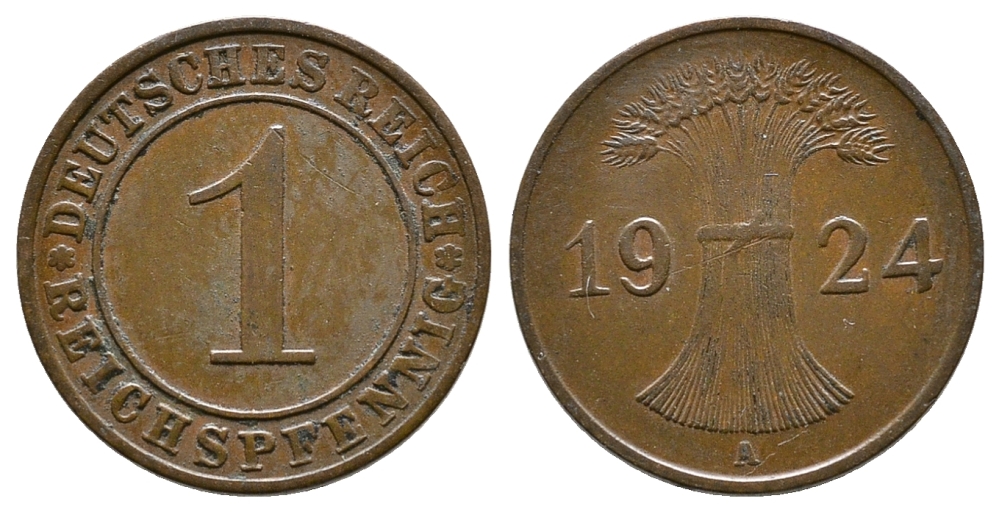 ГЕРМАНИЯ 1 РЕЙХСПФЕННИГ 1924 А KM 37, J.313 бронза 4380-1056