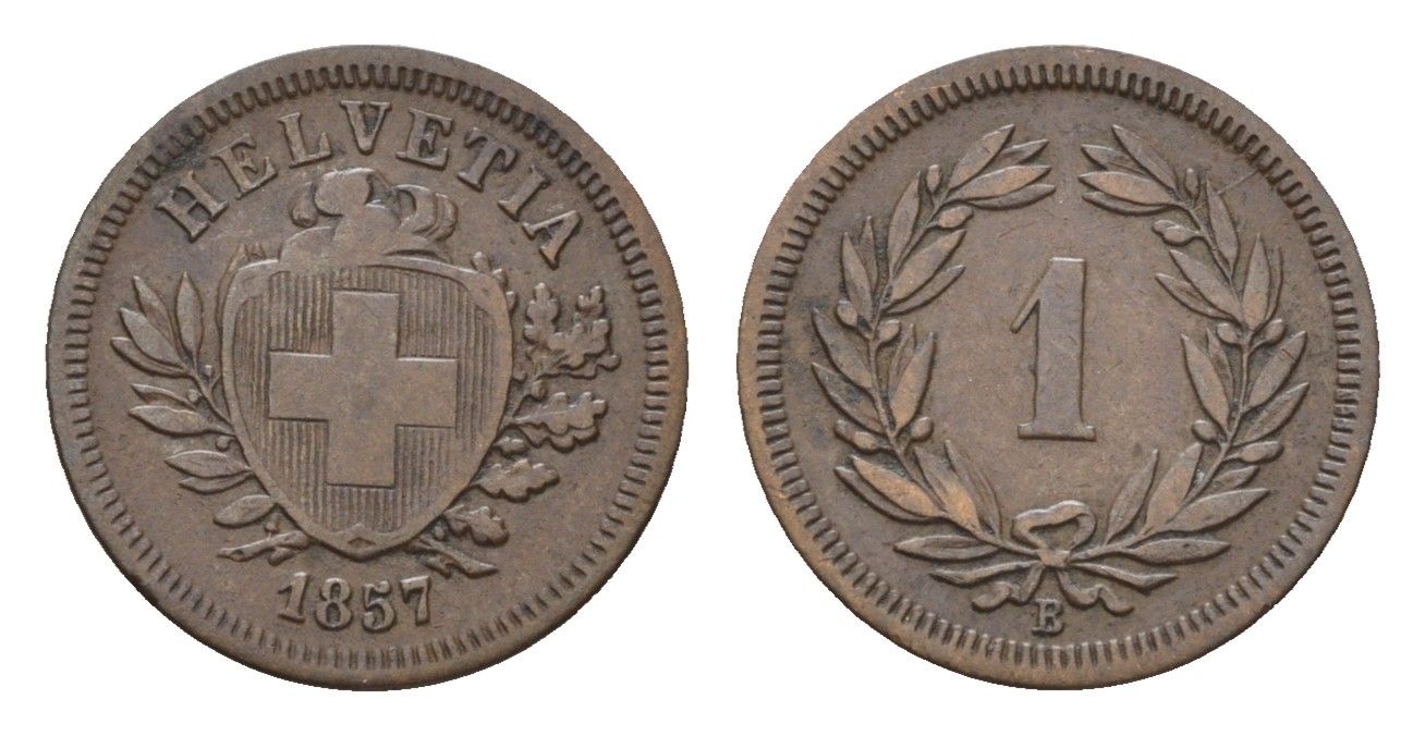 Швейцария 1 раппен 1857 B KM 3.1 бронза 1531-1224