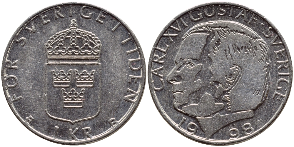 Швеция 1 крона 1998 Карл XVI Густав (1973- ) KM 852a медно-никель 4622-335