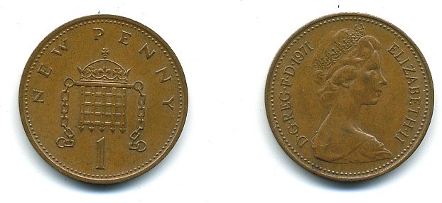 Великобритания 1 пенни 1971 Елизавета II (1952-2022) KM 915, Spink 4237 (B1) бронза 4110-742