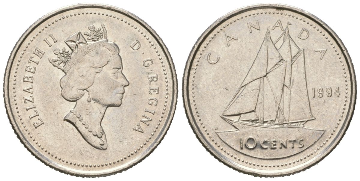 Канада 10 центов 1994 Елизавета II (1952-2022), парусник KM 183 никель 4381-918