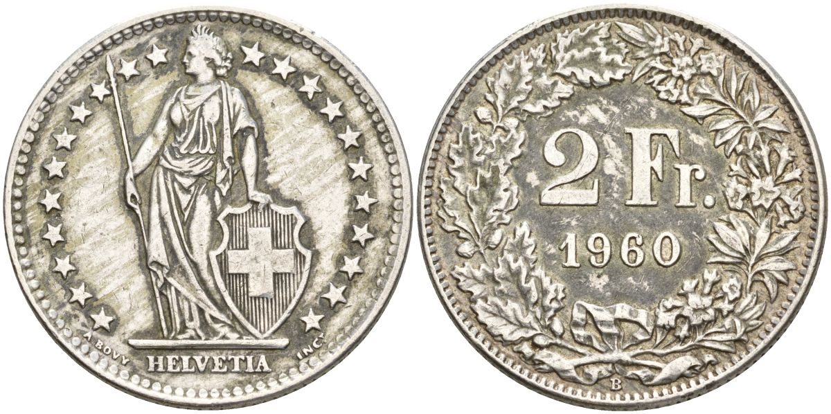 Швейцария 2 франка 1960 KM 21 серебро 4607-541