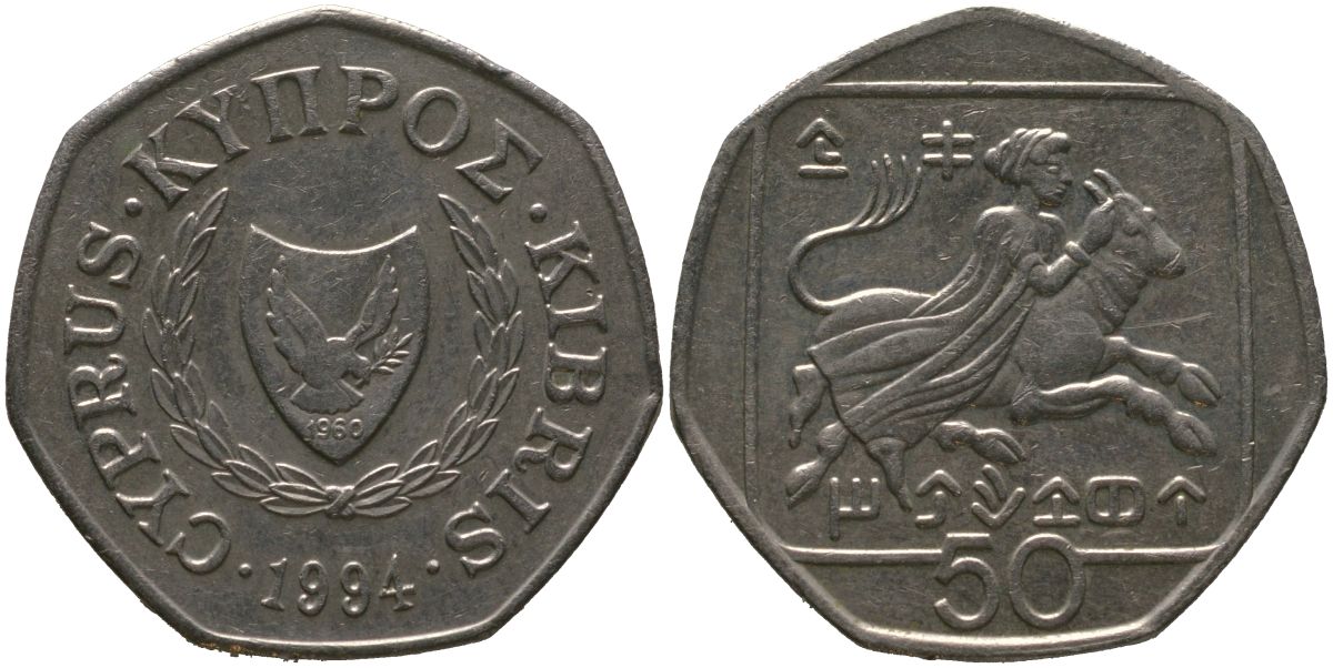 Кипр 50 центов 1994 похищение Европы KM 66 медно-никель 4402-846