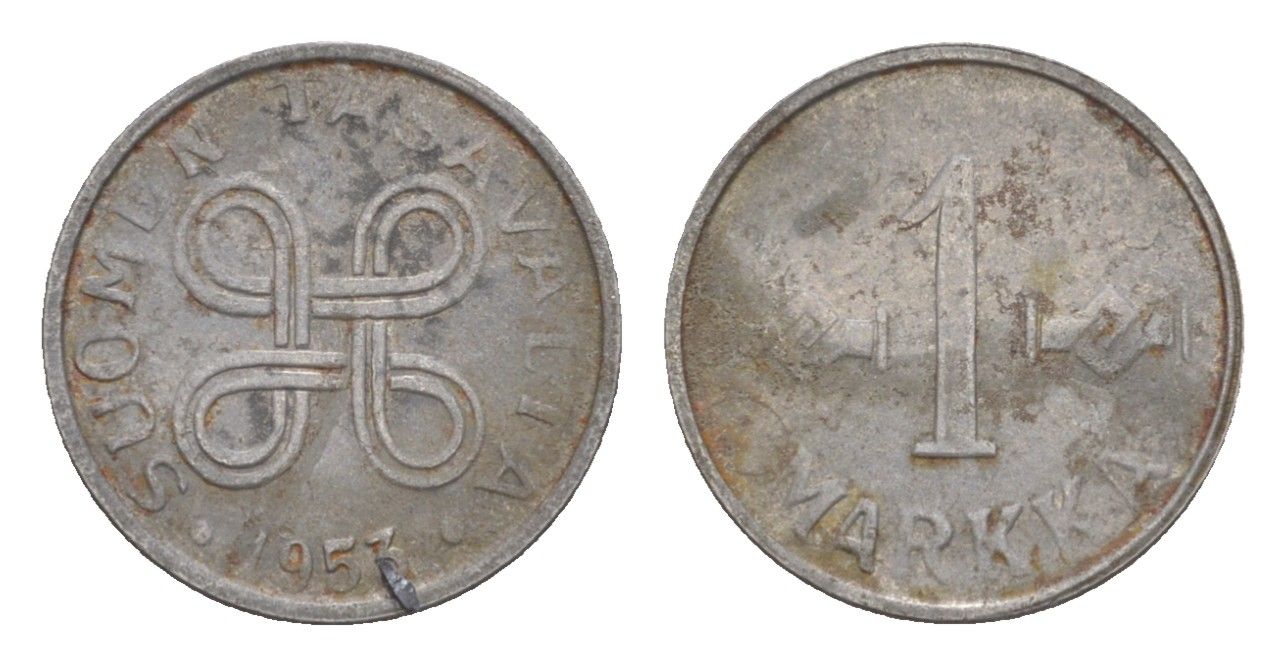 Финляндия 1 марка 1953 KM 36a железо плакированное никелем 4647-429